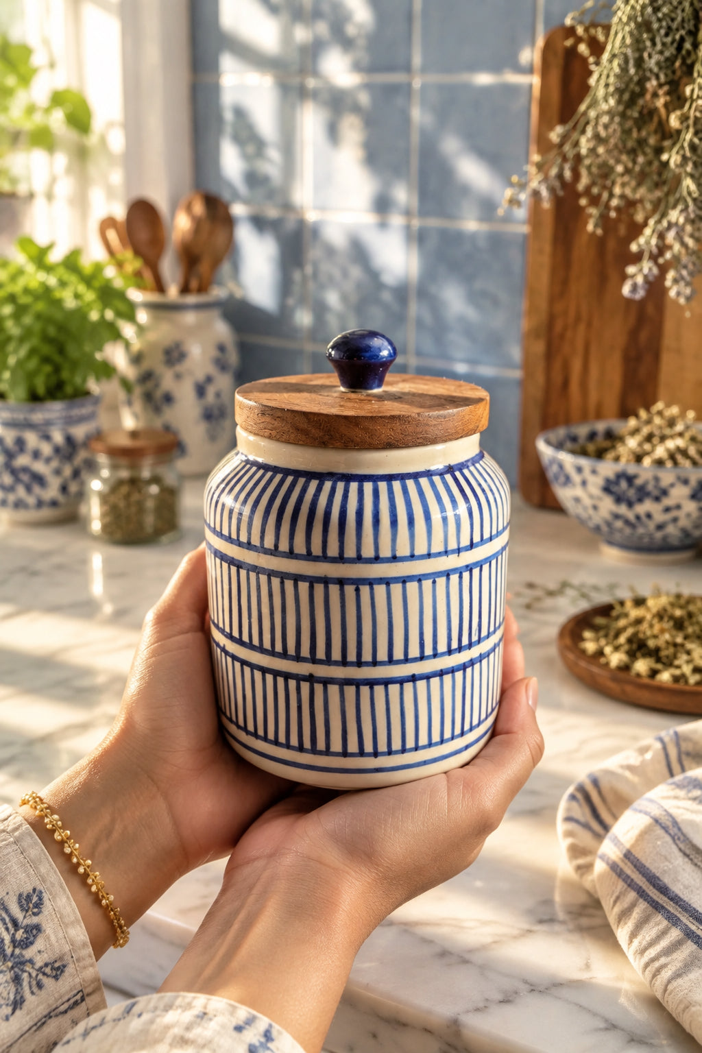 Blue Stripe Ceramic Jar with Wooden Lid – 500 mL 💙(Set of 1)