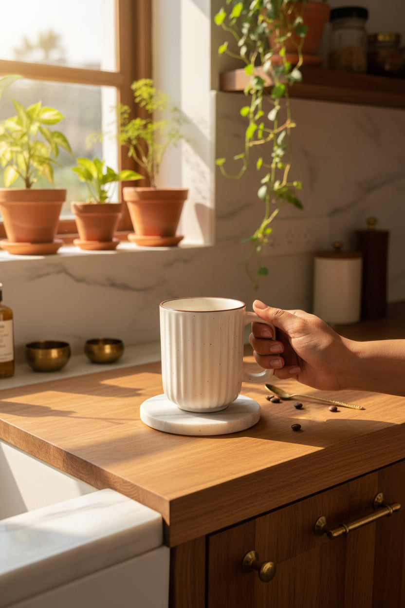 Rustic Stripe Ceramic Mug – 300 and 180  mL | White & Brown | My Crockery Shop ( set of two )