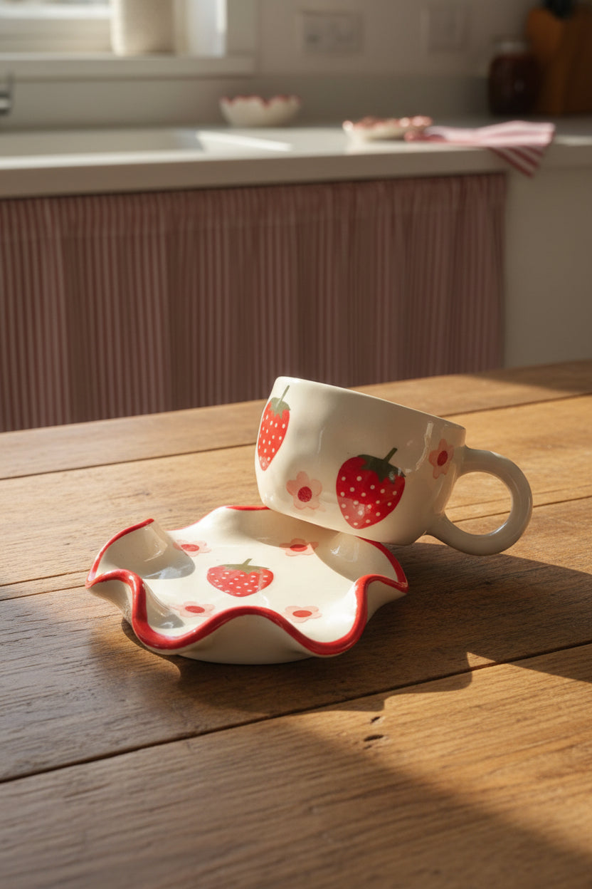 Strawberry Bliss Ceramic Cup & Spiral Saucer Set – Handcrafted Collection