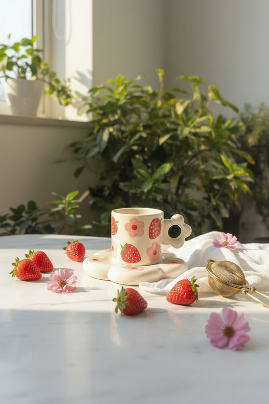 Bloom & Berry Ceramic Mug with Floral Saucer – 300 mL