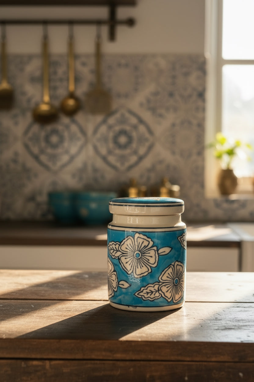 Blue & White Floral Ceramic Jar Set (500mL & 300mL) – Eco-Friendly Non-Airtight Decorative Canister Set with Lids for Kitchen, Dining, and Home Decor