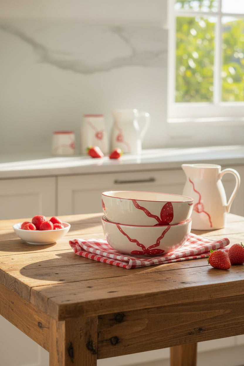 Ivory Bloom Red Bow Ceramic Bowl – 600 mL Set of 1