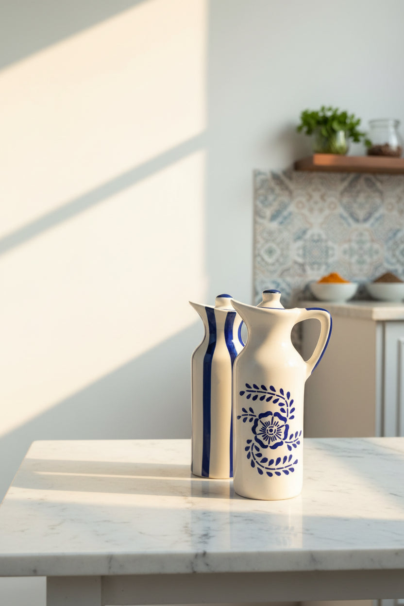 Blue Bloom Handcrafted Ceramic Oil Dispenser – 350 mL
