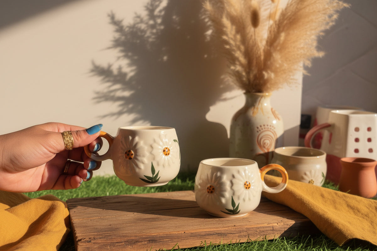 🌻 Sunny Bloom Embossed Tea Cup cups ( set of 1 )