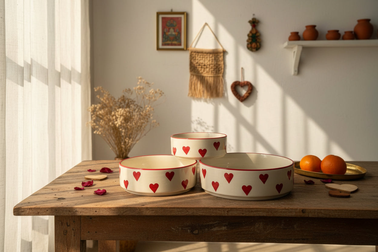 Heart Harmony Ceramic Bowl Set of 3 – Handpainted Collection