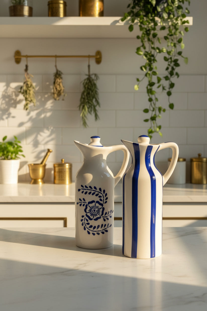 Blue Bloom Handcrafted Ceramic Oil Dispenser – 350 mL