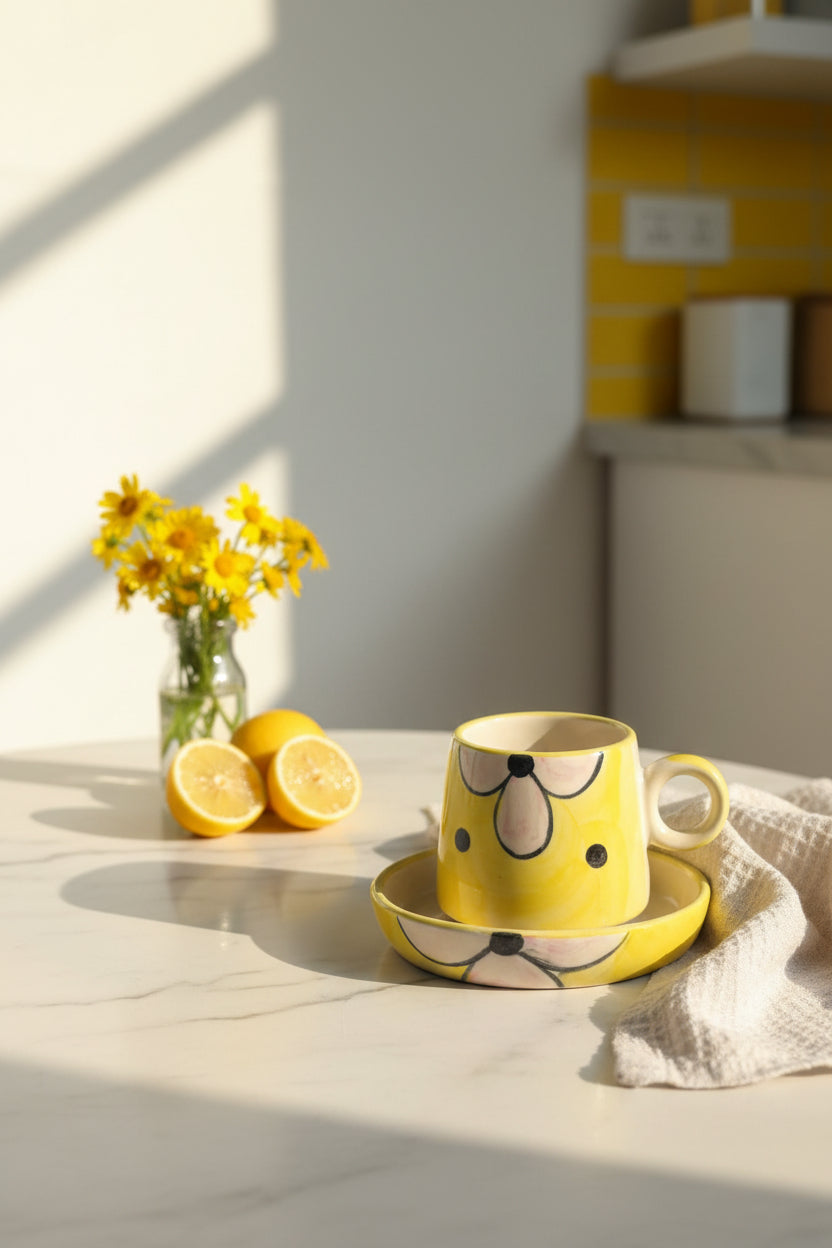 Sunny Blossom Ceramic Mug & Saucer Set – Handcrafted Floral Collection