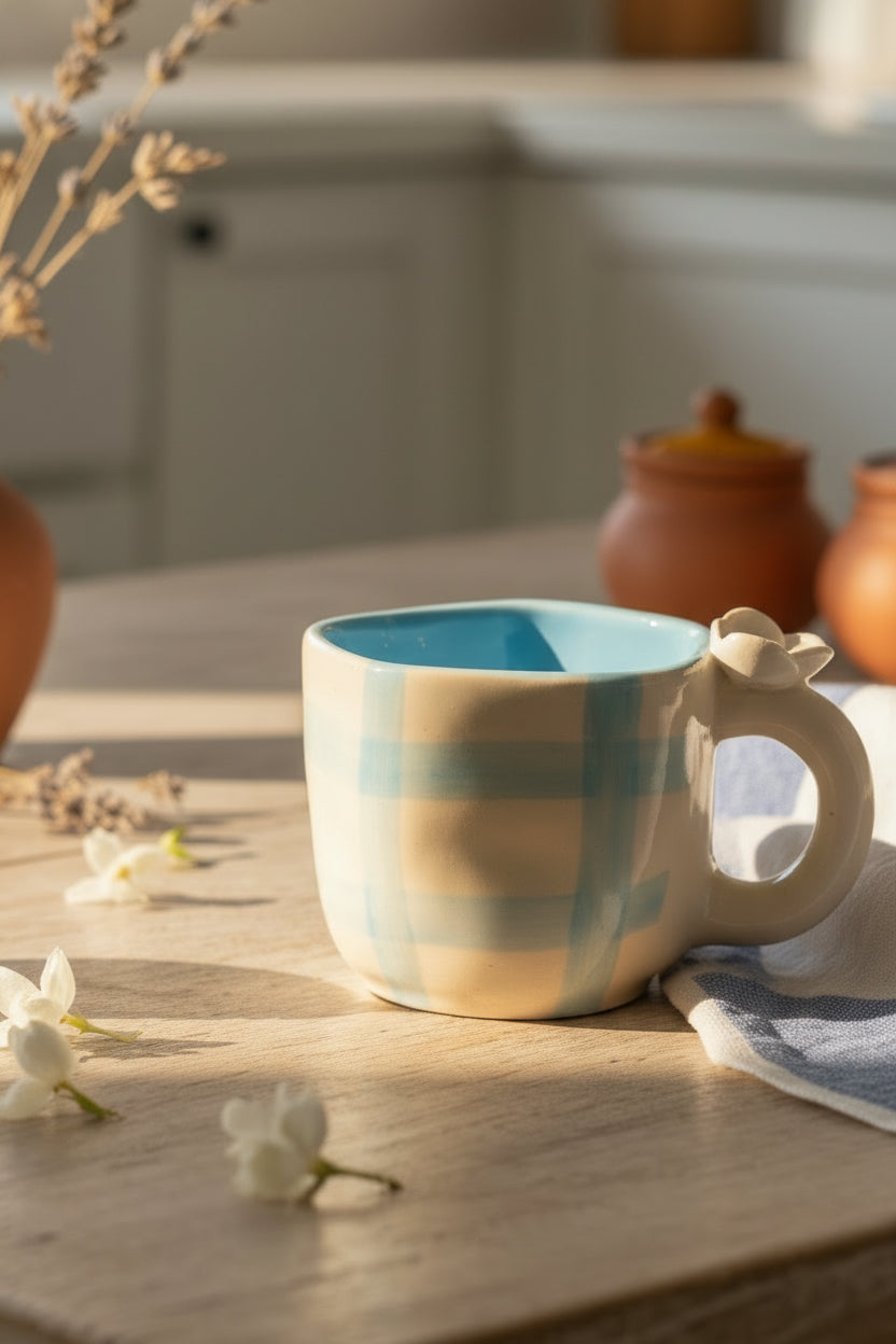 Blossom Checkered Floral Ceramic Mug – 220 mL