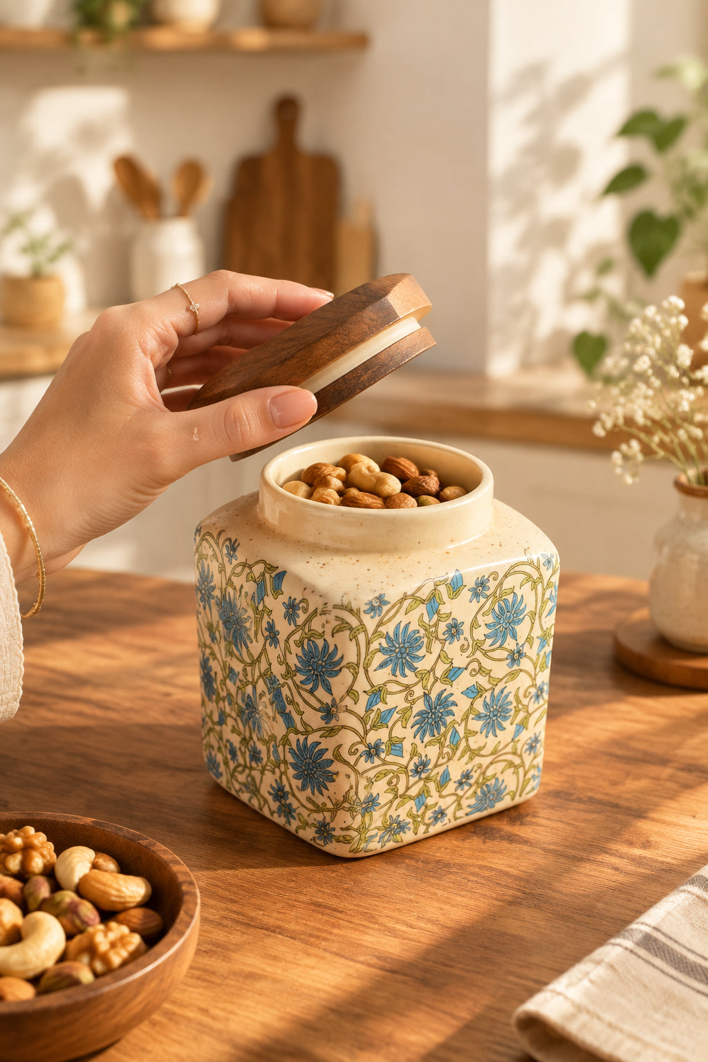 Blue Floral Carpet Ceramic Jar with Wooden Lid – 500 mL 💙

(Set of 1)