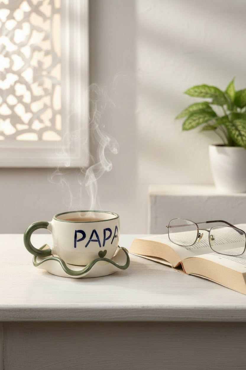 Mum & Papa Ceramic Mug & Saucer Set – Handcrafted Gift Set | 220 mL | Microwave Safe