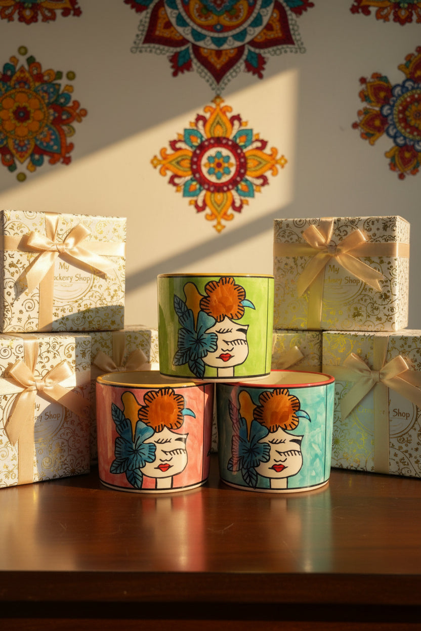 Hand-Painted Floral Girl Ceramic Multipurpose Holder | Planter, Vase & Organizer | 5 x 4 Inch | My Crockery Shop