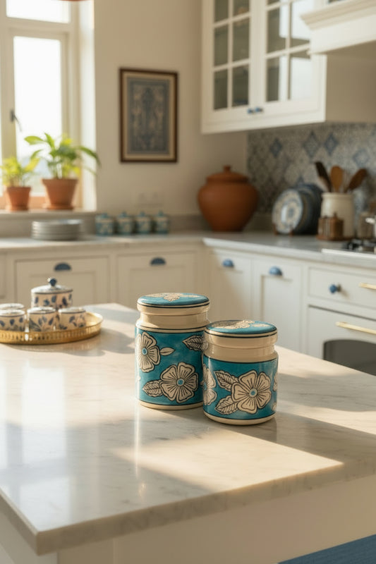 Blue & White Floral Ceramic Jar Set (500mL & 300mL) – Eco-Friendly Non-Airtight Decorative Canister Set with Lids for Kitchen, Dining, and Home Decor
