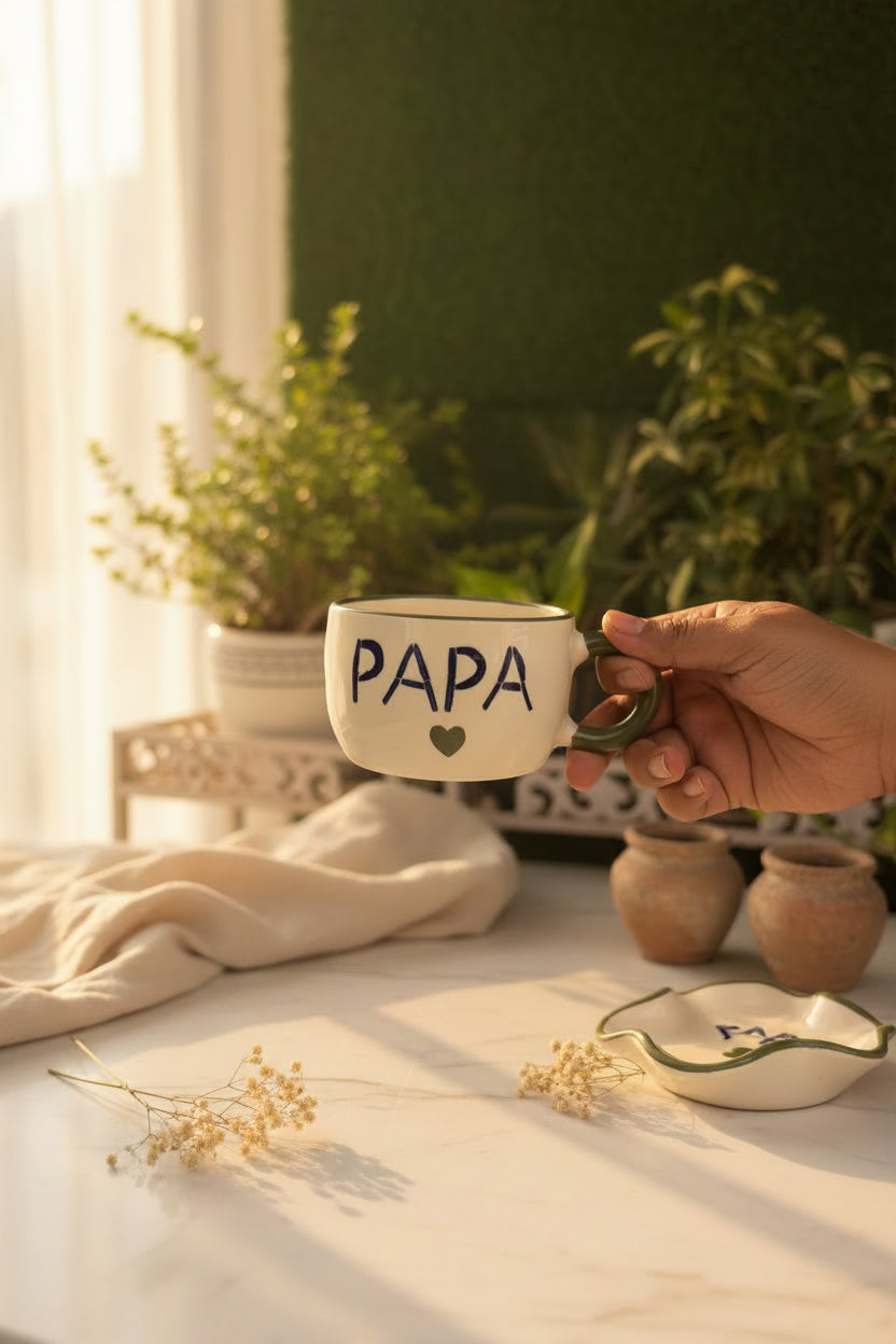 Mum & Papa Ceramic Mug & Saucer Set – Handcrafted Gift Set | 220 mL | Microwave Safe