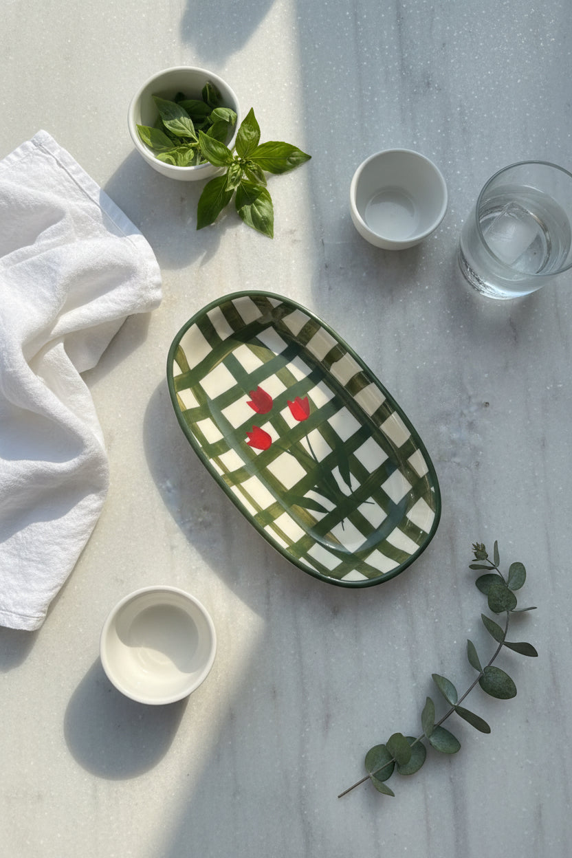 Olive Check & Red Tulip Trinket Tray ( Set of 1)
