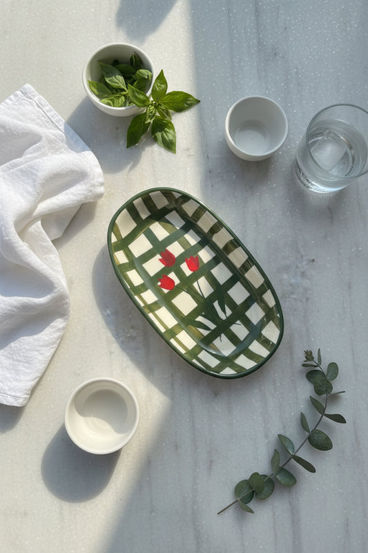 Olive Check & Red Tulip Trinket Tray ( Set of 1)