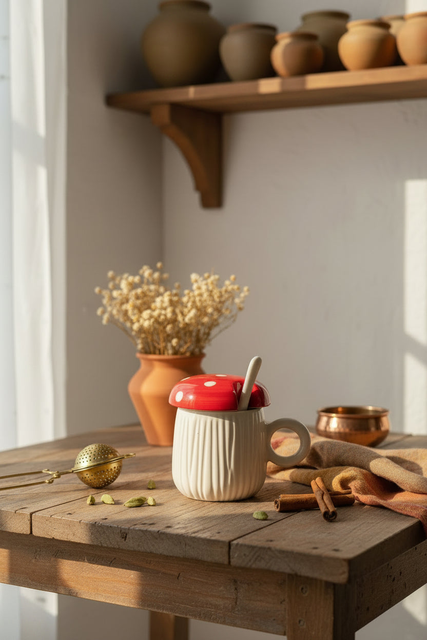 Mushroom Ceramic Mug with Spoon & Lid – 300 mL