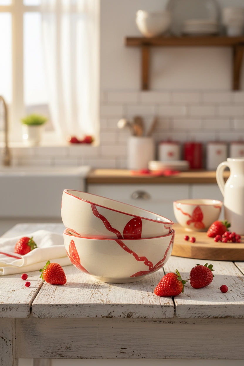 Ivory Bloom Red Bow Ceramic Bowl – 600 mL Set of 1