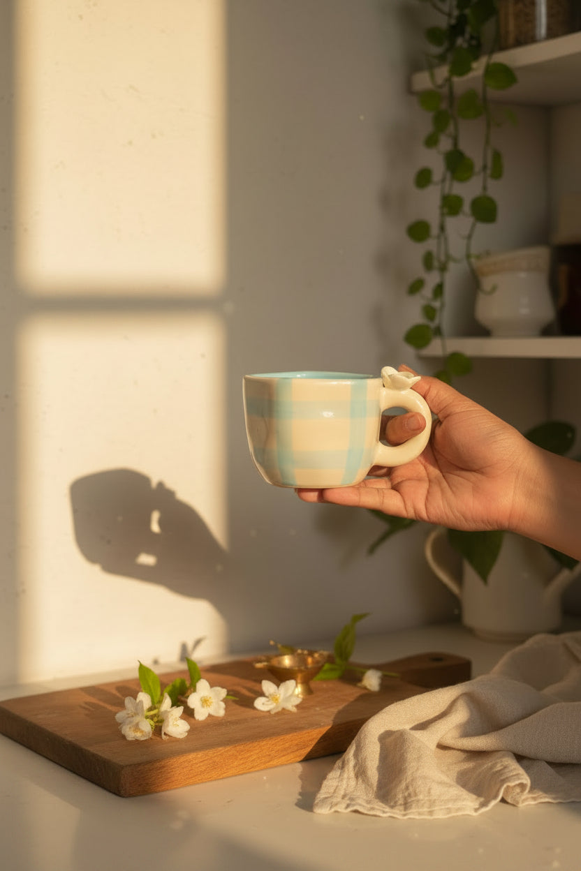 Blossom Checkered Floral Ceramic Mug – 220 mL