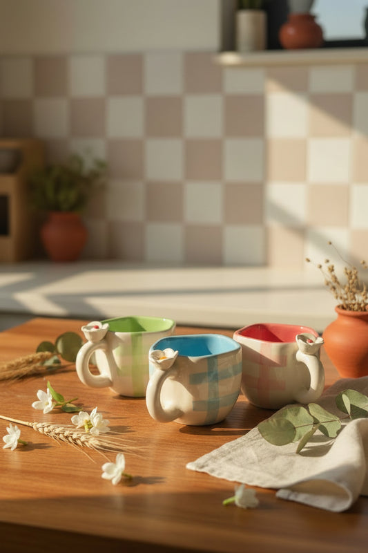 Blossom Checkered Floral Ceramic Mug – 220 mL