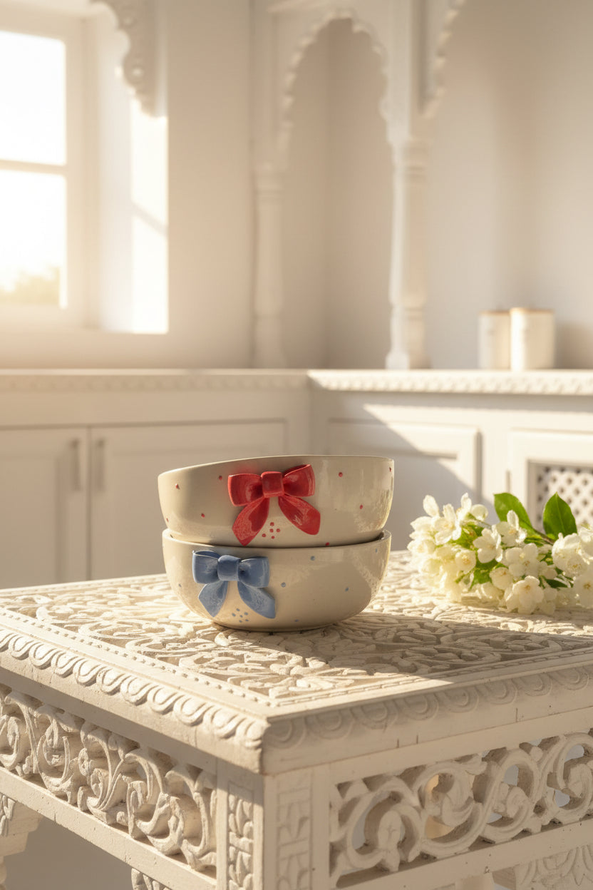 Handcrafted Bow Embossed Ceramic Bowl – 6 Inch | Available in 4 Colors / Single piece