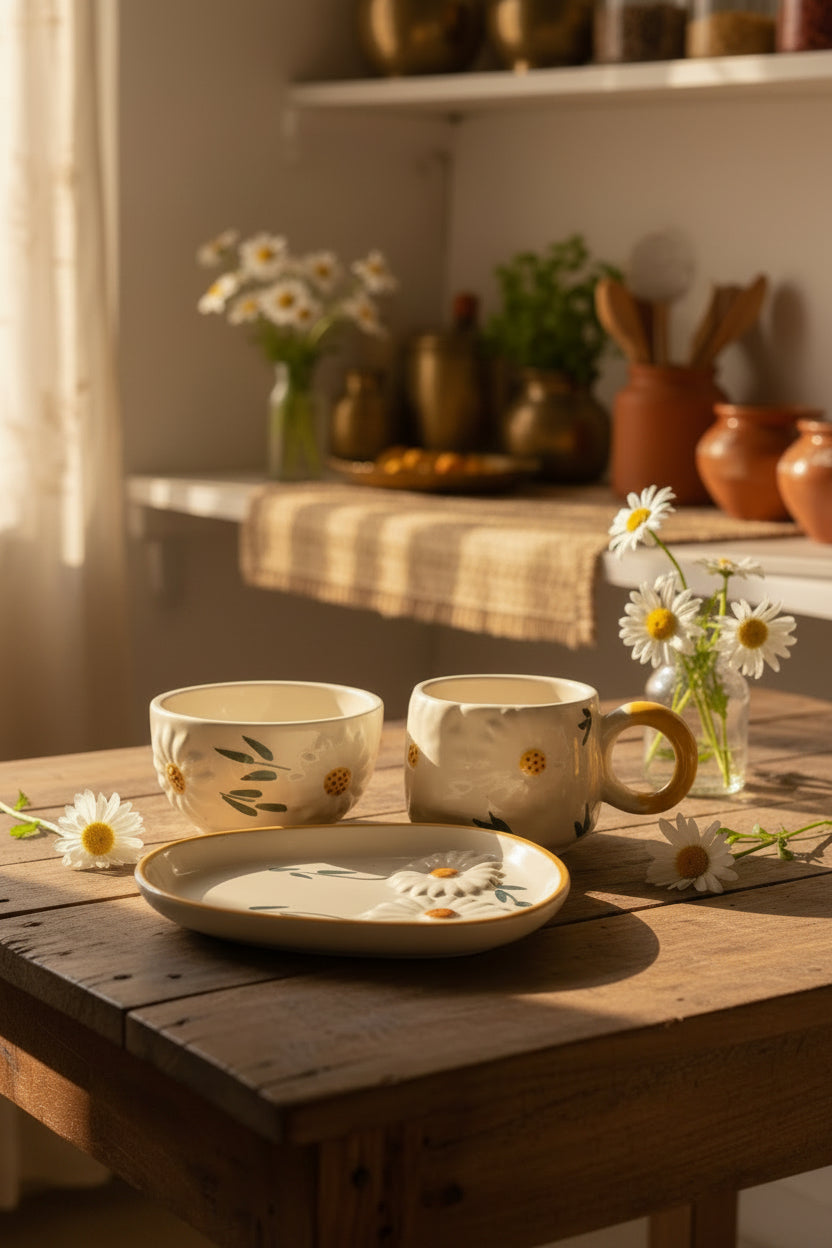 The "Blossom Ritual" Handcrafted Daisy Mug, Bowl & Plate Set