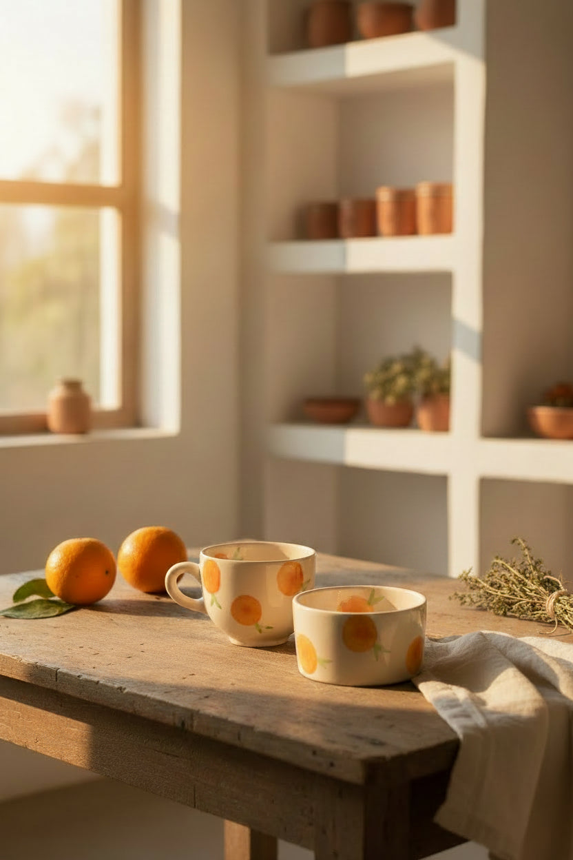 Citrus Bliss Ceramic Mug & Bowl Combo – Handpainted Orange Collection
