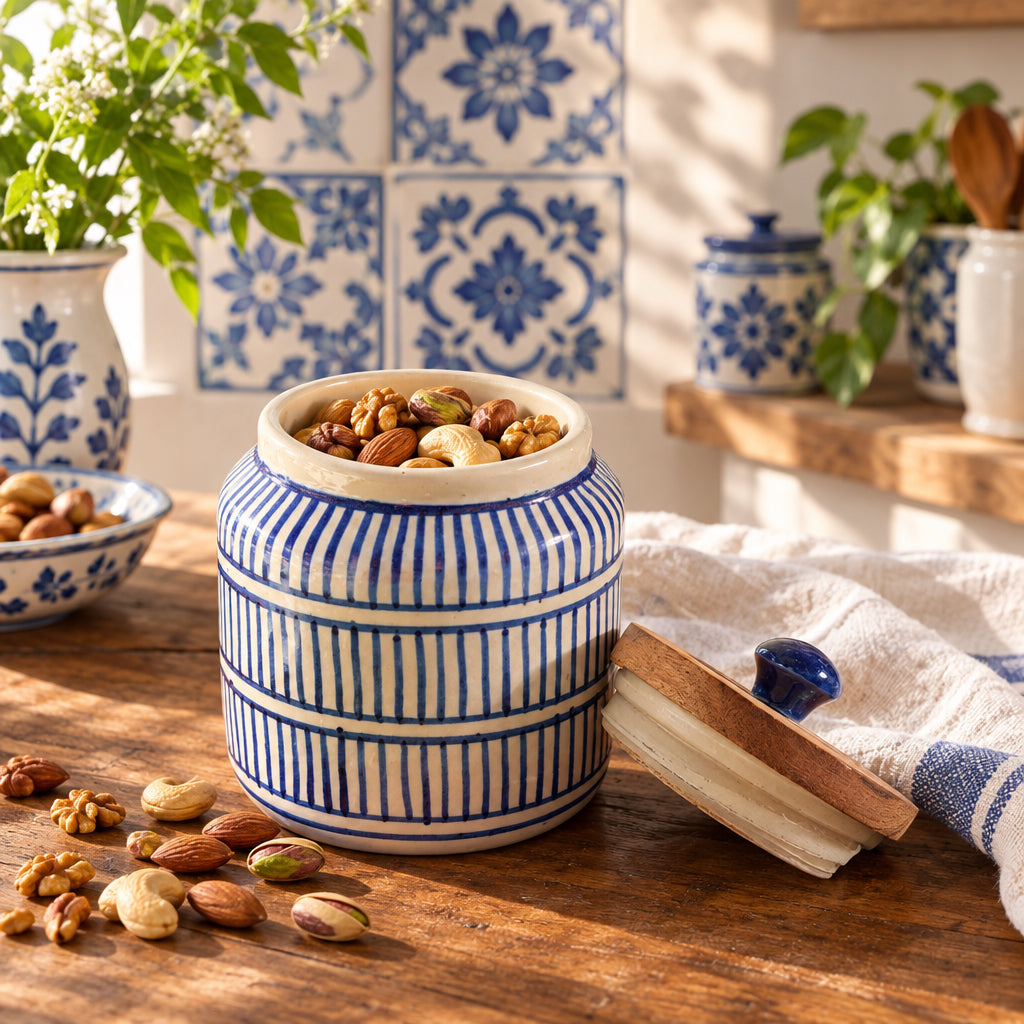 Blue Stripe Ceramic Jar with Wooden Lid – 500 mL 💙(Set of 1)