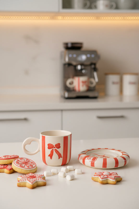 My Crockery shop bow and stripes cup saucer set