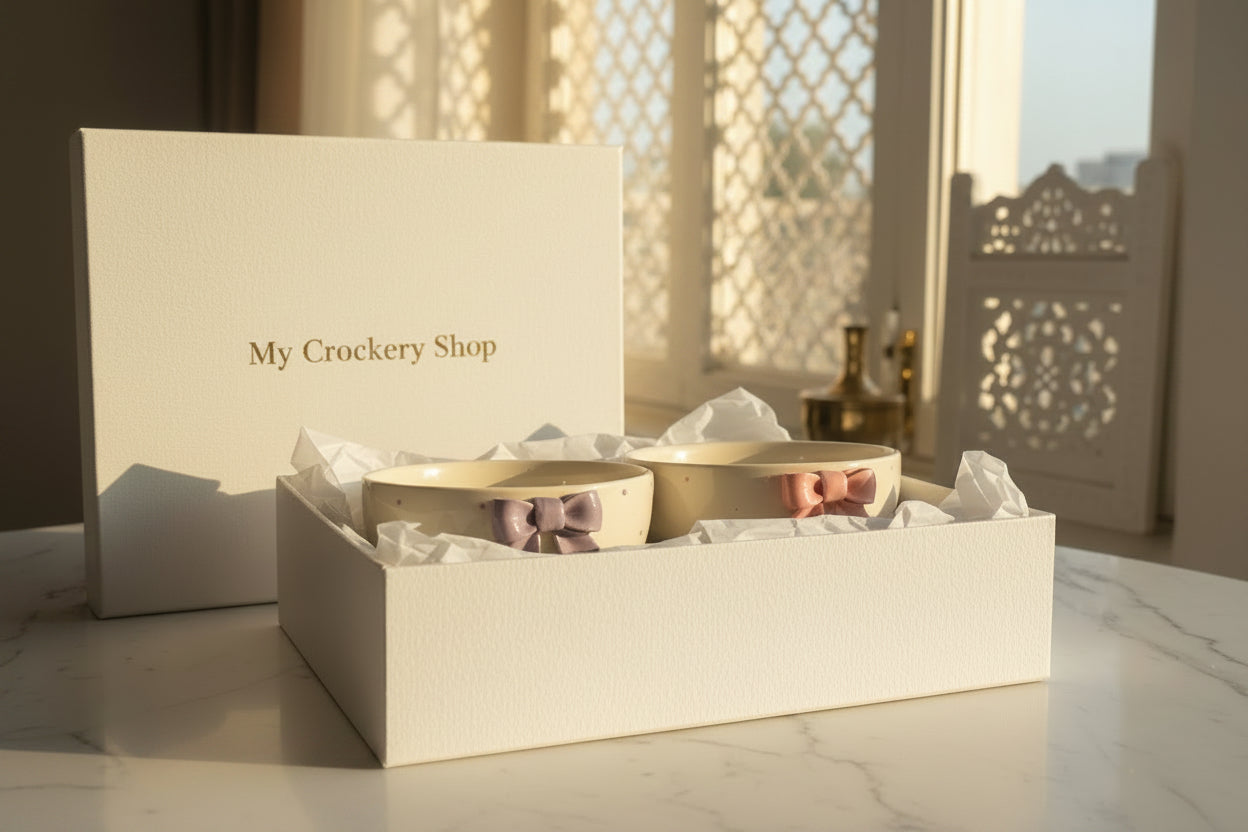 Handcrafted Bow Embossed Ceramic Bowl – 6 Inch | Available in 4 Colors / Single piece