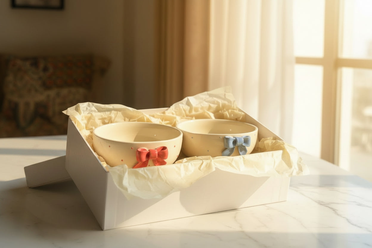 Handcrafted Bow Embossed Ceramic Bowl – 6 Inch | Available in 4 Colors / Single piece