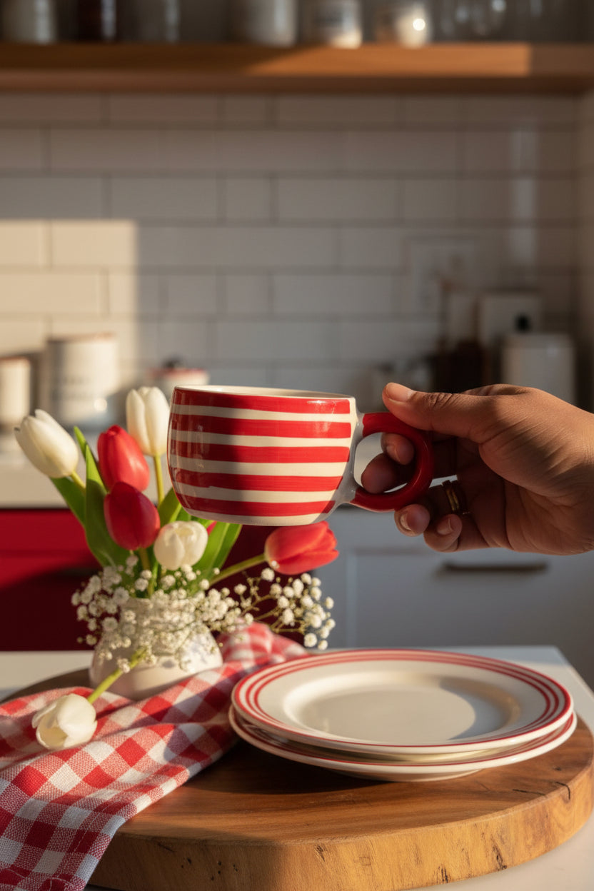 Red Stripe Spiral Cup & Saucer Set – 220 mL (Set of 1)