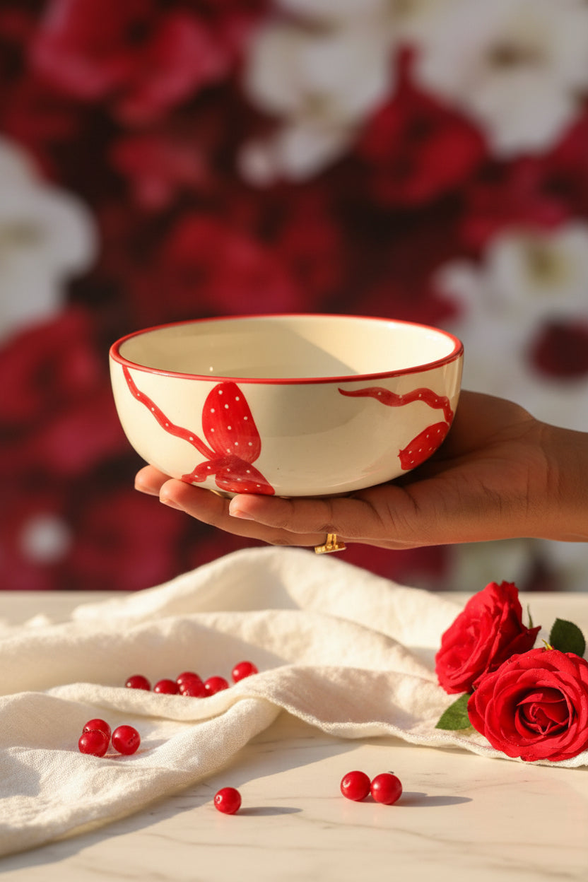 Ivory Bloom Red Bow Ceramic Bowl – 600 mL Set of 1