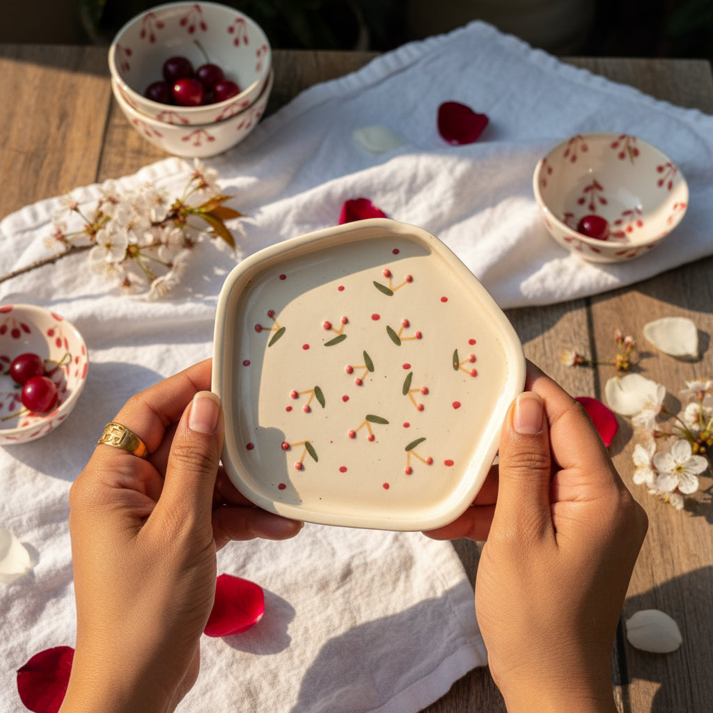 Cherry & Heart Embossed Ceramic Cookie Plates 🍒🤍 (Set of 1)