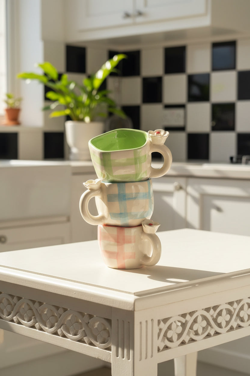Blossom Checkered Floral Ceramic Mug – 220 mL