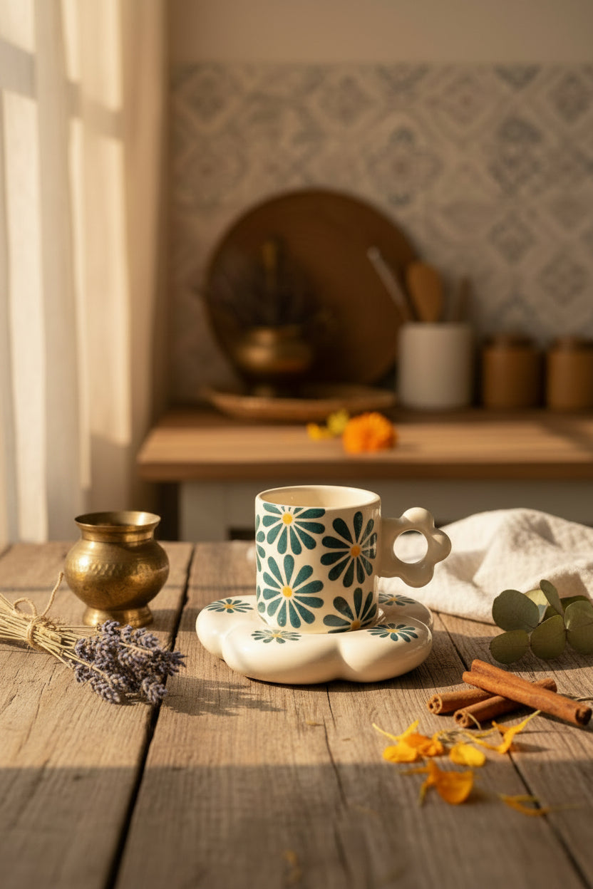 Bloom & Berry Ceramic Mug with Floral Saucer – 300 mL