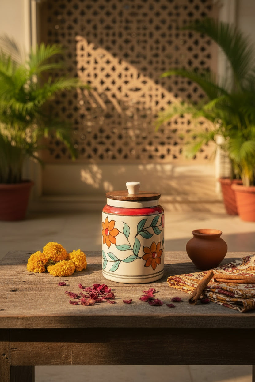 Premium Floral Ceramic Airtight Storage Jar – 900 mL | Wooden Airtight Lid | Handcrafted Kitchen Storage