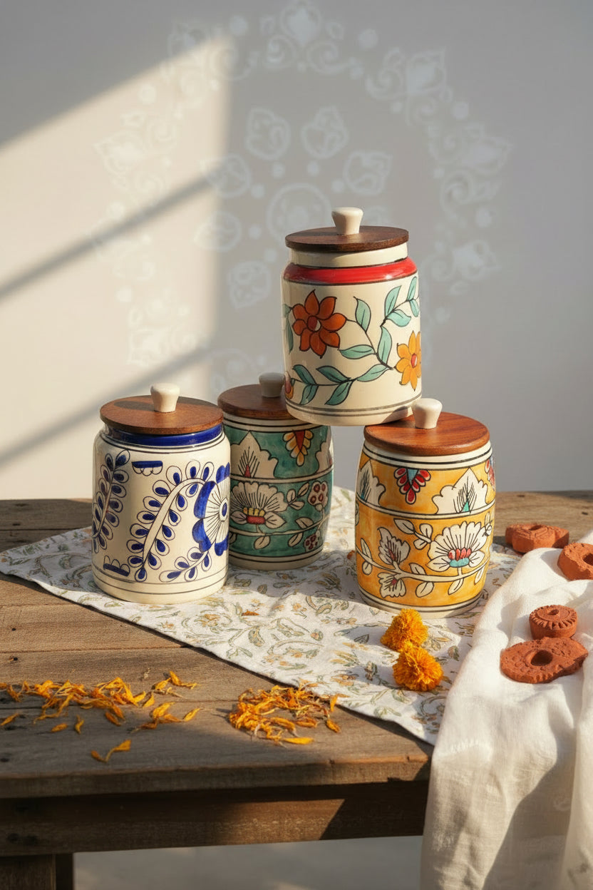 Premium Floral Ceramic Airtight Storage Jar – 900 mL | Wooden Airtight Lid | Handcrafted Kitchen Storage