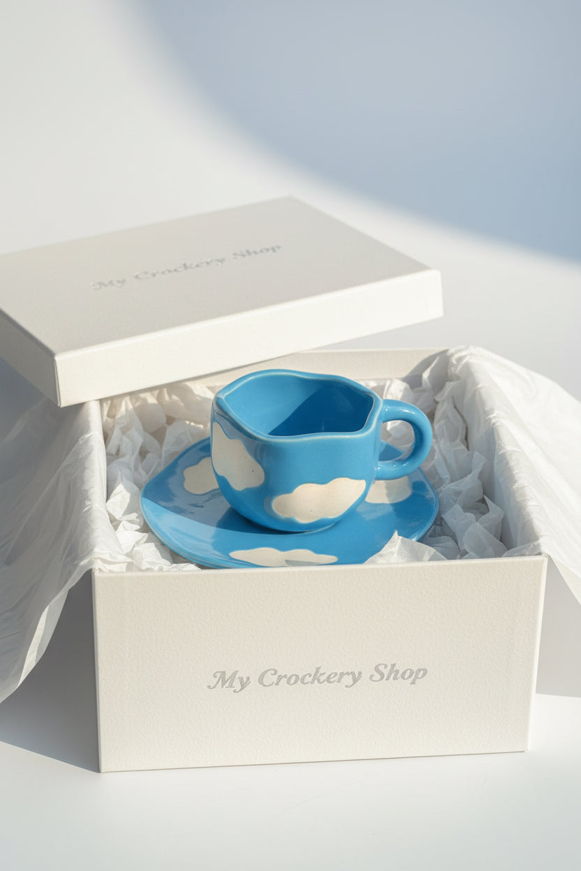 Cloud Dreams Ceramic Cup & Saucer Set – Handcrafted Sky Collection