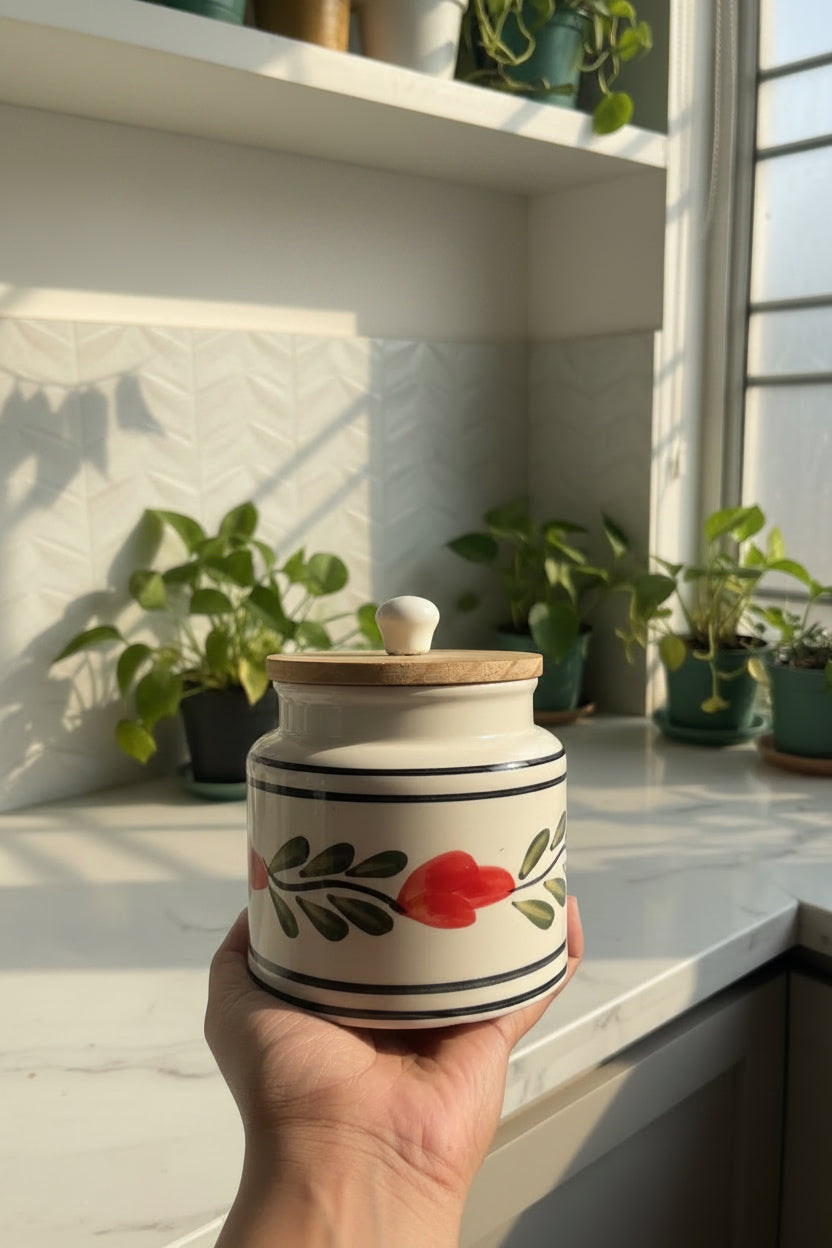 Handpainted Ceramic Airtight Storage Jar with Wooden Lid – 500 mL