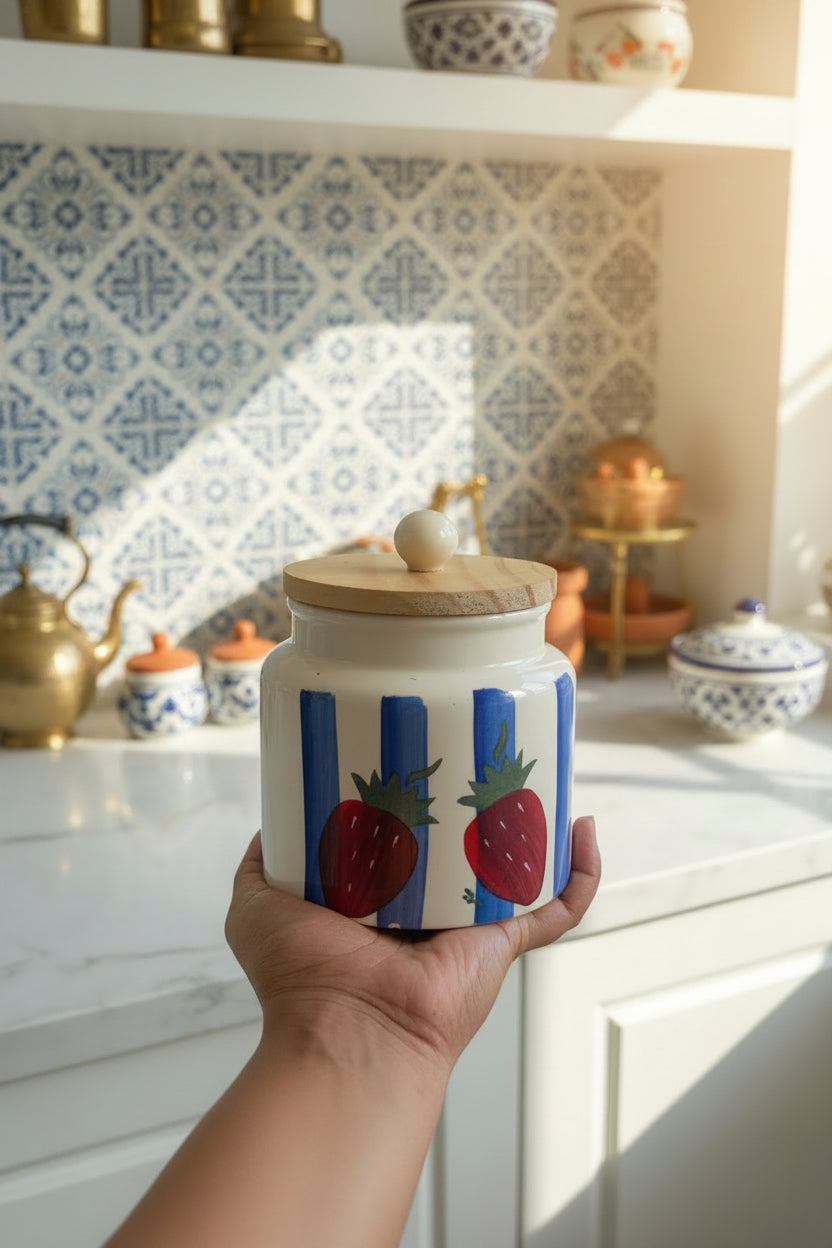Handpainted Ceramic Airtight Storage Jar with Wooden Lid – 500 mL