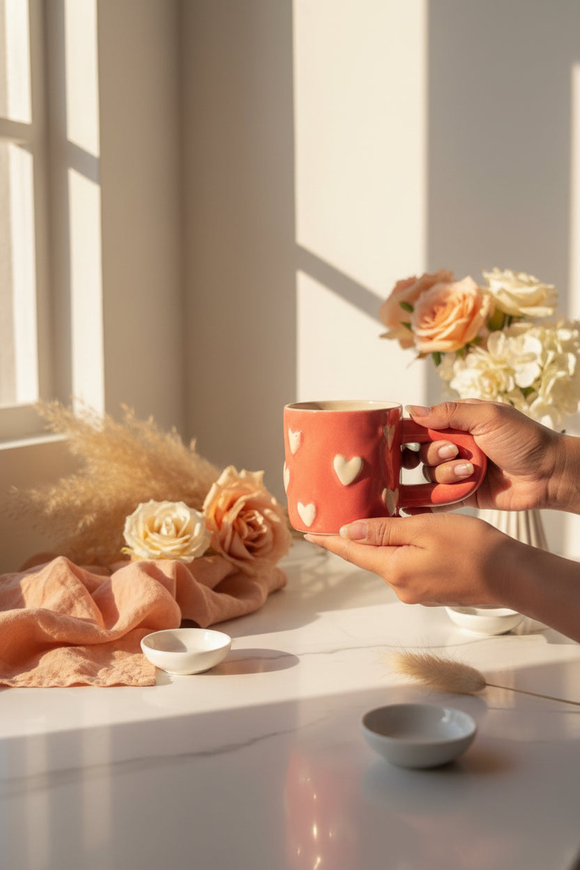 Blush Heart Mug – Pink Embossed Ceramic Mug
 mug ( set of 1)