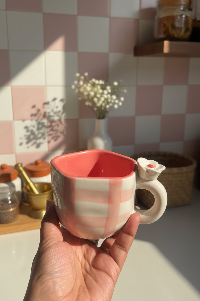Blossom Checkered Floral Ceramic Mug – 220 mL