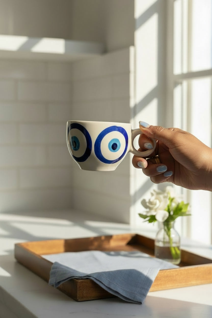 Evil Eye Ceramic Cup & Saucer Set – Handcrafted Protection Collection