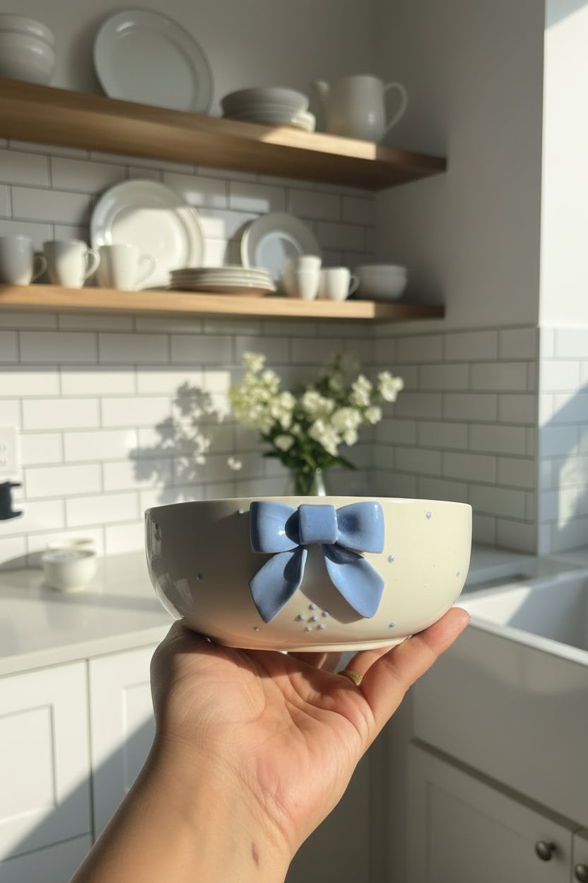Handcrafted Bow Embossed Ceramic Bowl – 6 Inch | Available in 4 Colors / Single piece