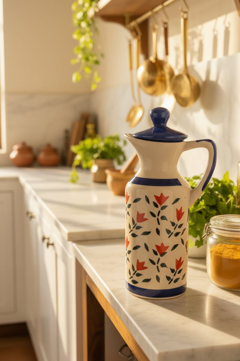 Evil Eye & Blue Floral Handcrafted Ceramic Oil Dispenser – 350 mL