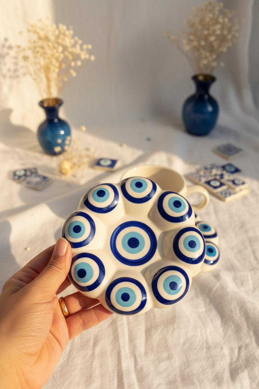 Evil Eye Ceramic Cup & Saucer Set – Handcrafted Protection Collection