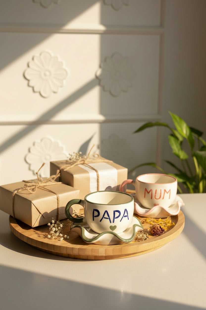 Mum & Papa Ceramic Mug & Saucer Set – Handcrafted Gift Set | 220 mL | Microwave Safe