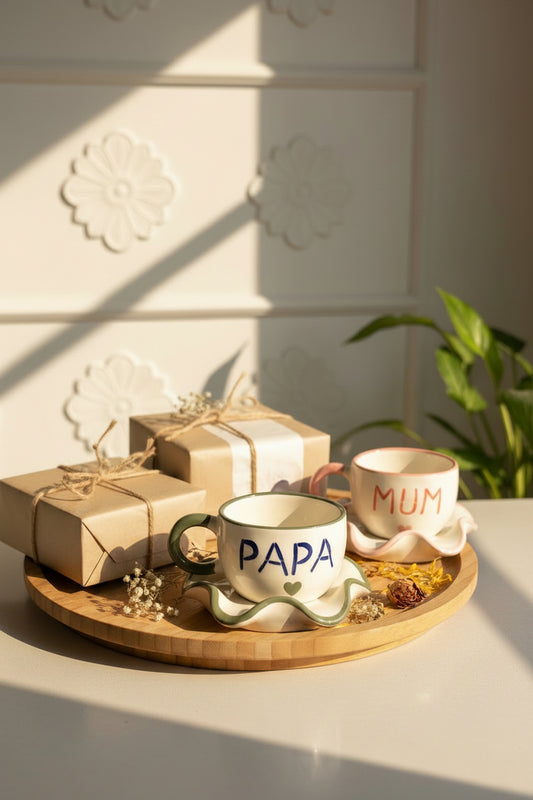 Mum & Papa Ceramic Mug & Saucer Set – Handcrafted Gift Set | 220 mL | Microwave Safe