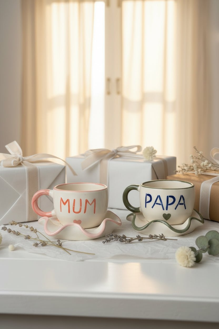 Mum & Papa Ceramic Mug & Saucer Set – Handcrafted Gift Set | 220 mL | Microwave Safe