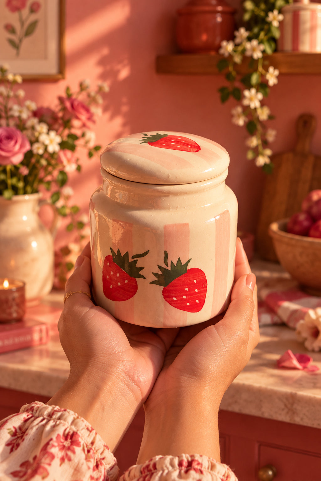 Strawberry Bliss Ceramic Jar – 500 mL (Set of 1)